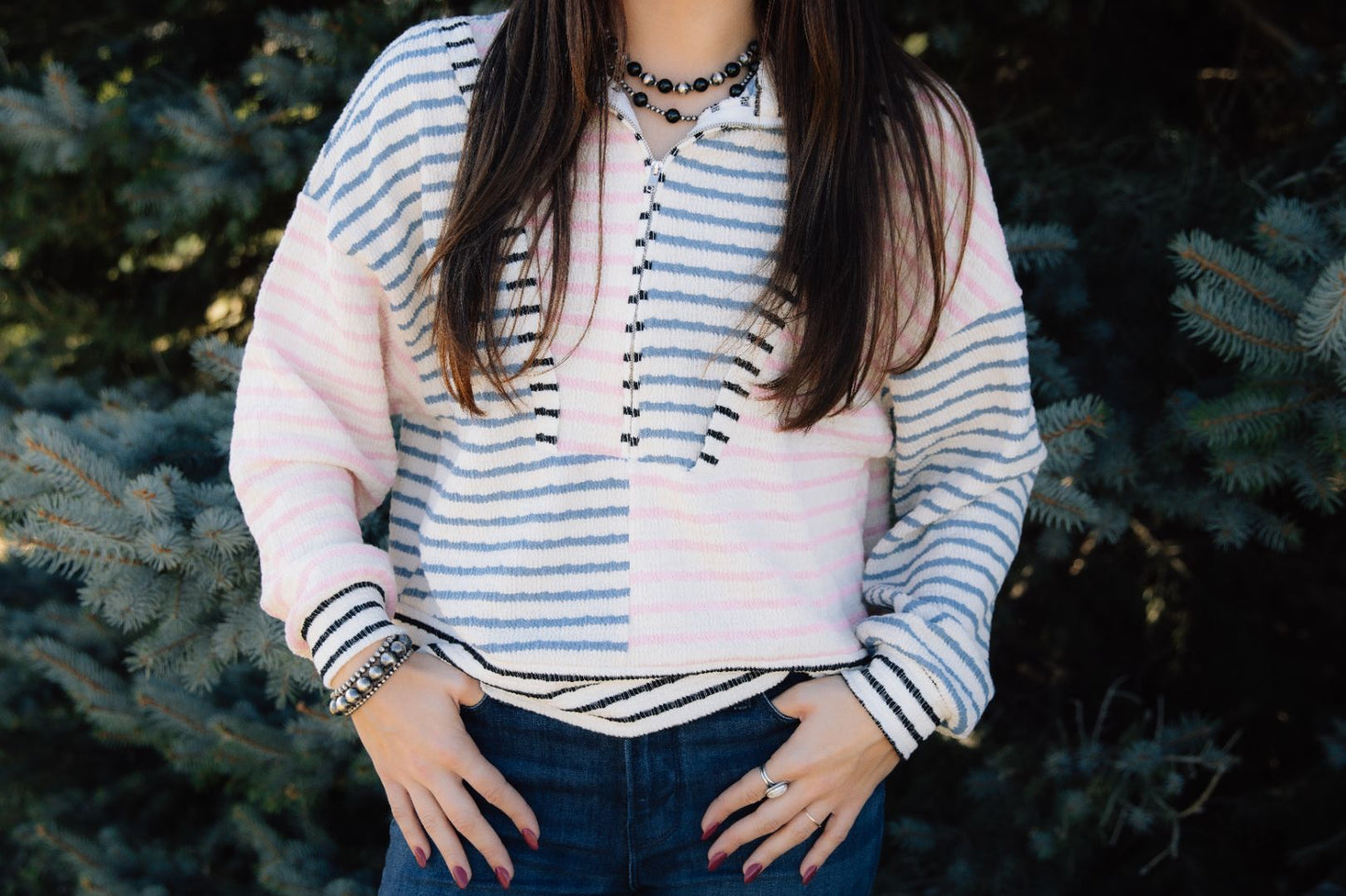 Funnel-Neck Half Zip Striped Top