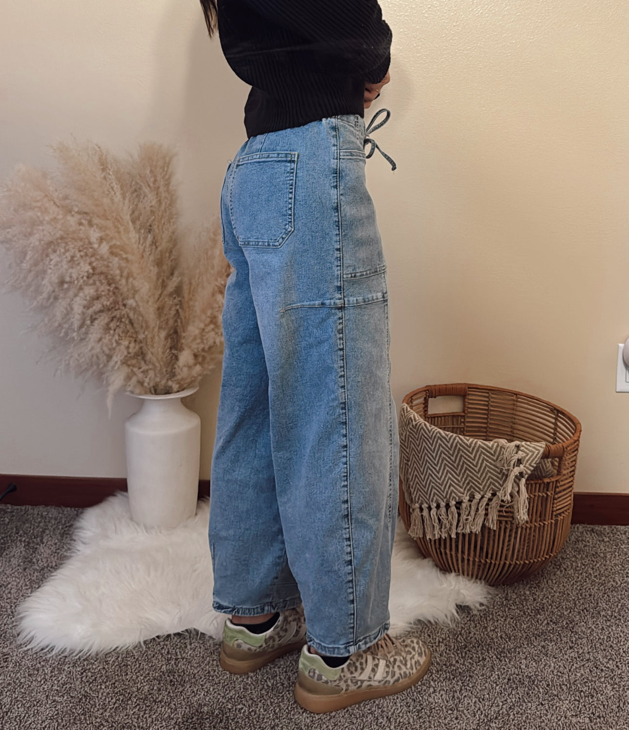 Large Patch Pocket Drawstring Waist Jeans