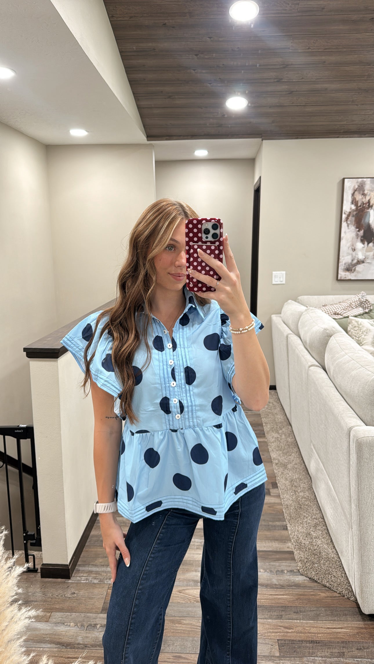 Blue Polka Dot Ruffle Blouse