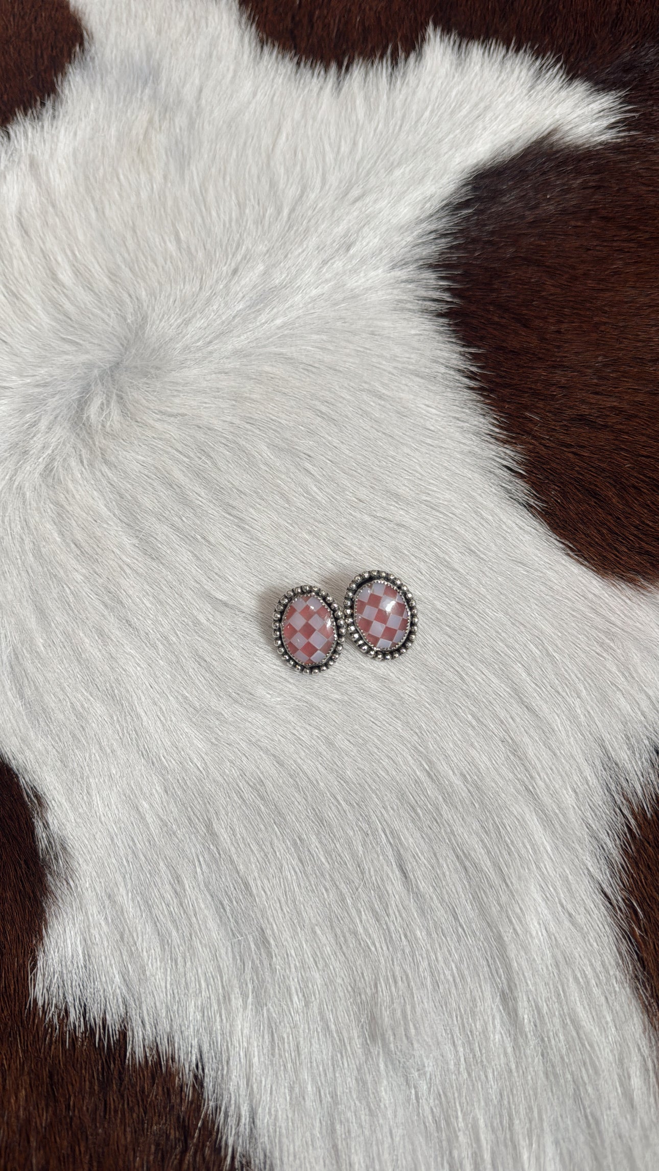 Pink Jade & White Opal Checker Stud Earrings