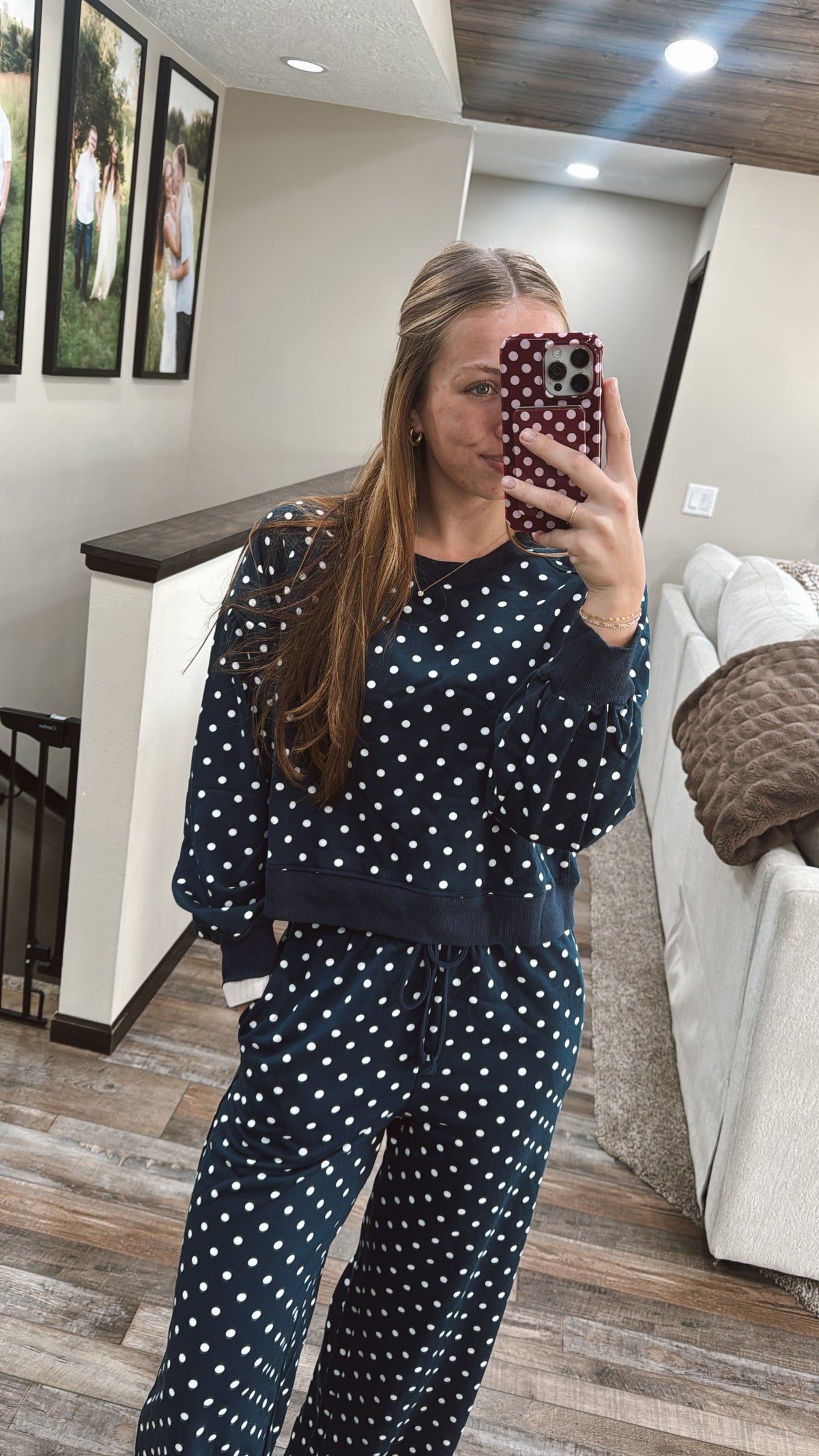 Blue Polka Dot Drawstring Pants Set