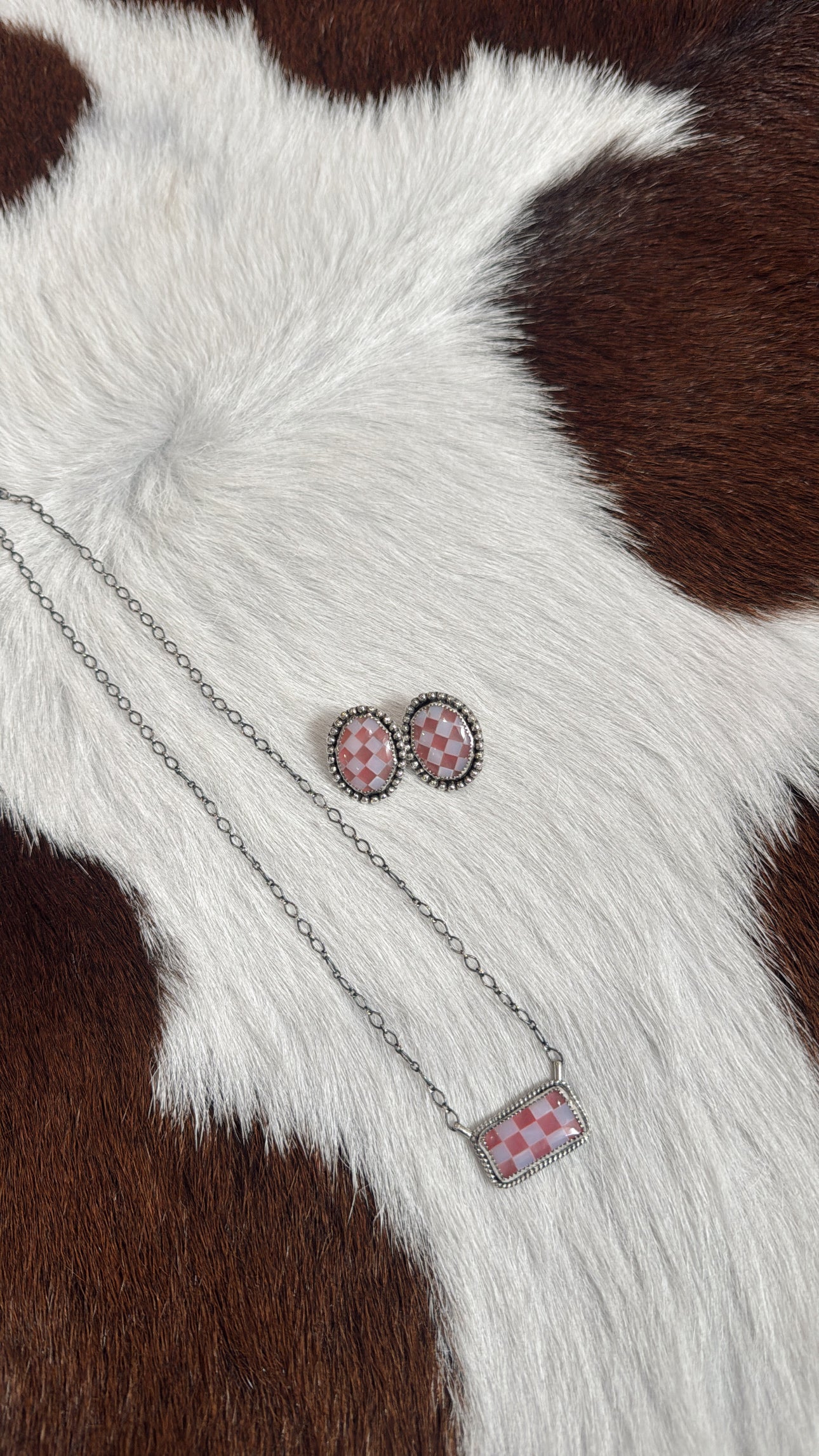 Pink Jade & White Opal Checker Bar Necklace