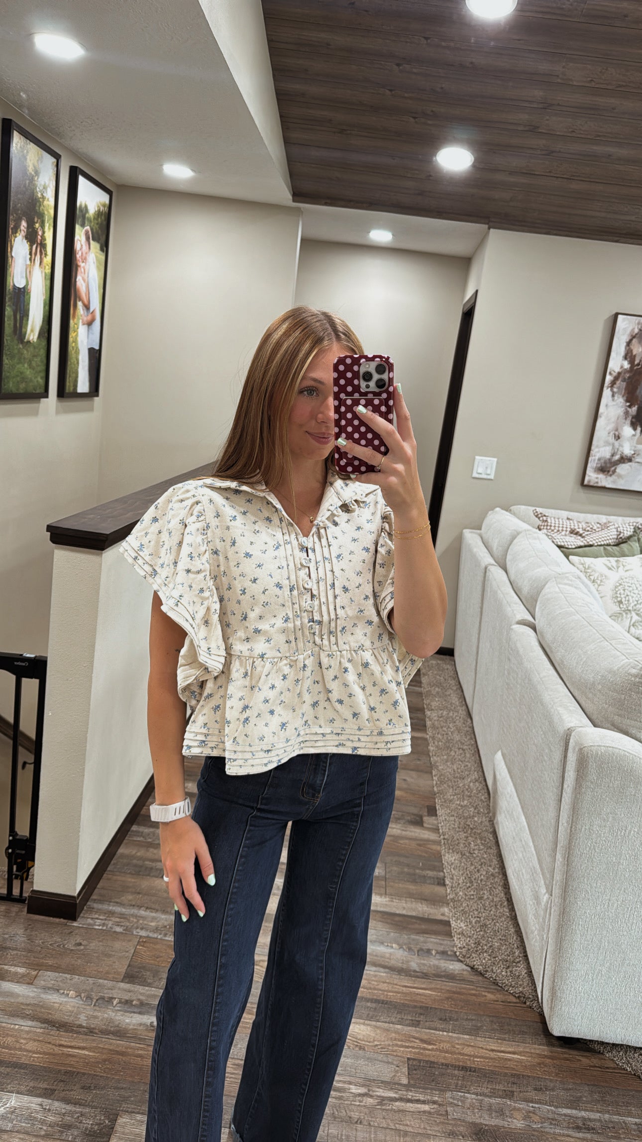 Ruffle Sleeves Pintuck Detail Floral Print