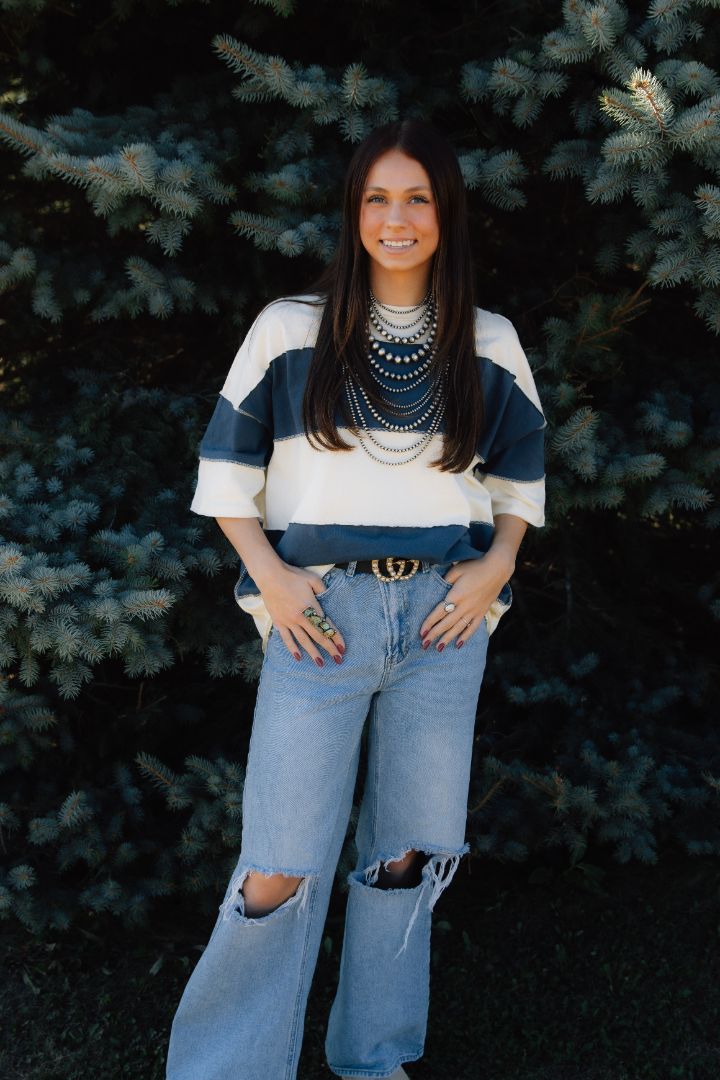 Navy Polly Color Block Top