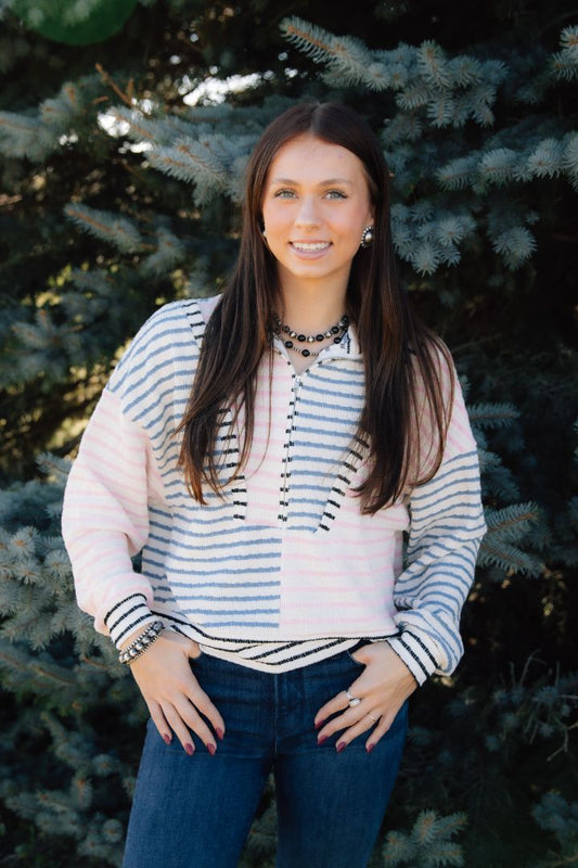 Funnel-Neck Half Zip Striped Top