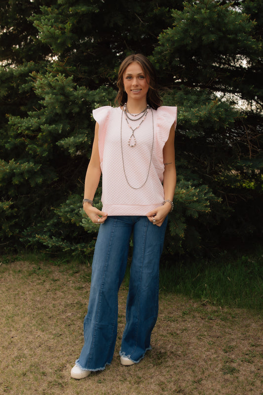 Pink Textured Ruffle Sleeve Top