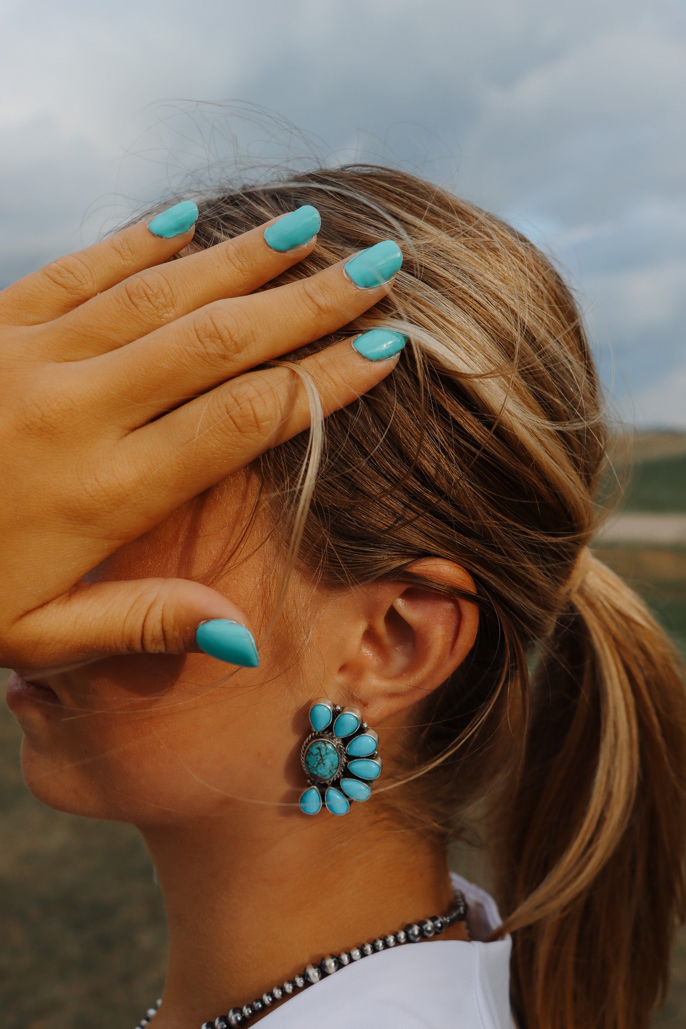 Turquoise Cluster Half Moon Post Earrings