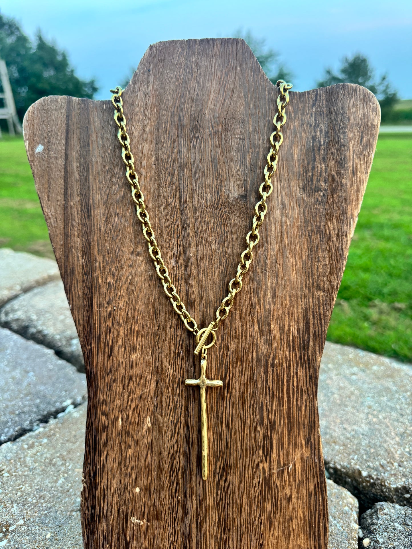 Elongated Cross Toggle Necklace Gold