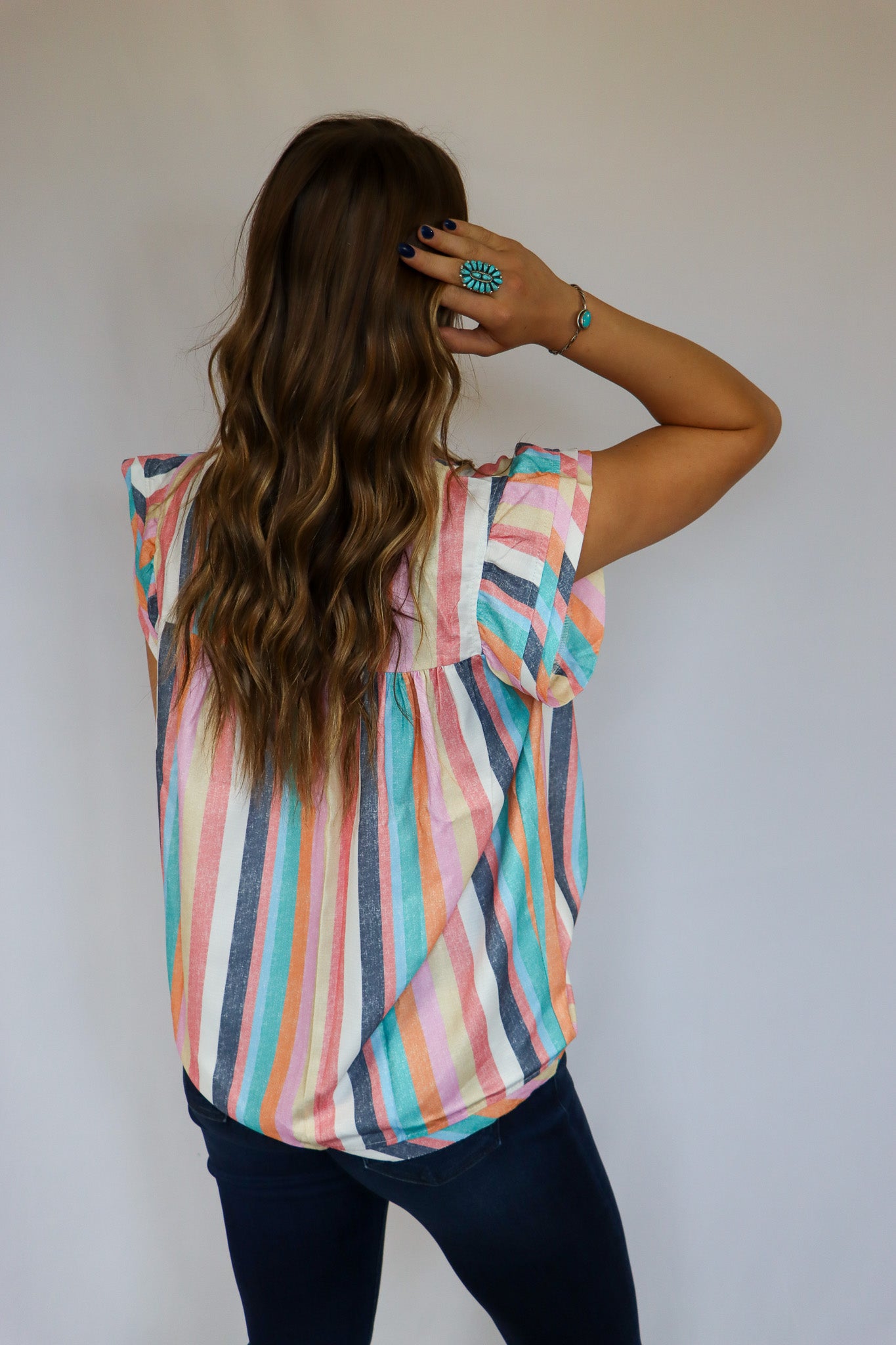 Multicolor Striped Ruffle Cap Sleeve Top