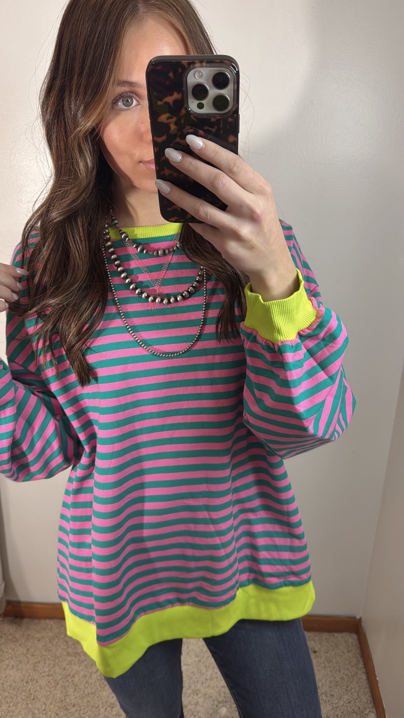 Contrast Trim Sweatshirt - Green/Pink