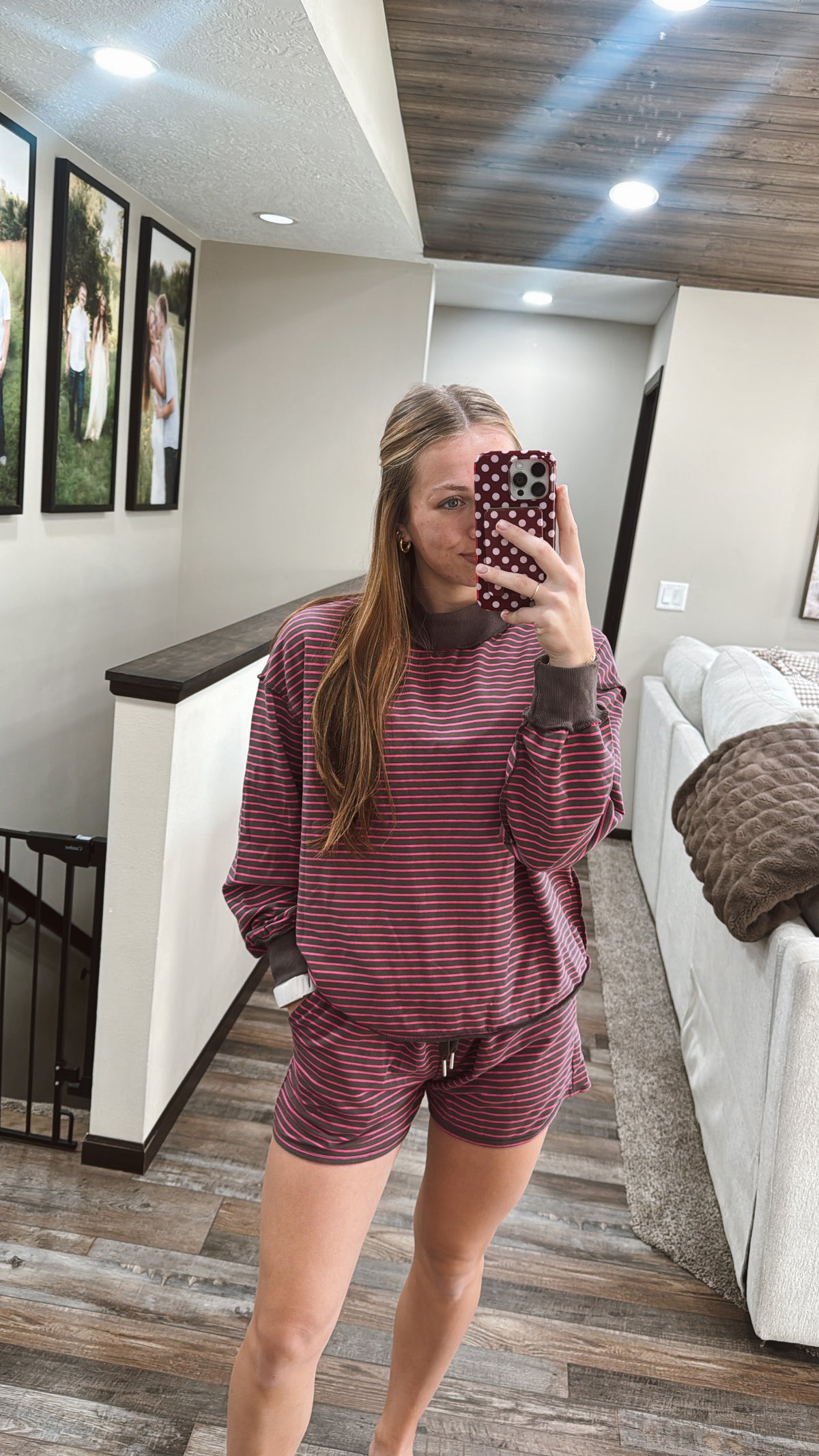 Brown & Pink Striped Mock Neck Set