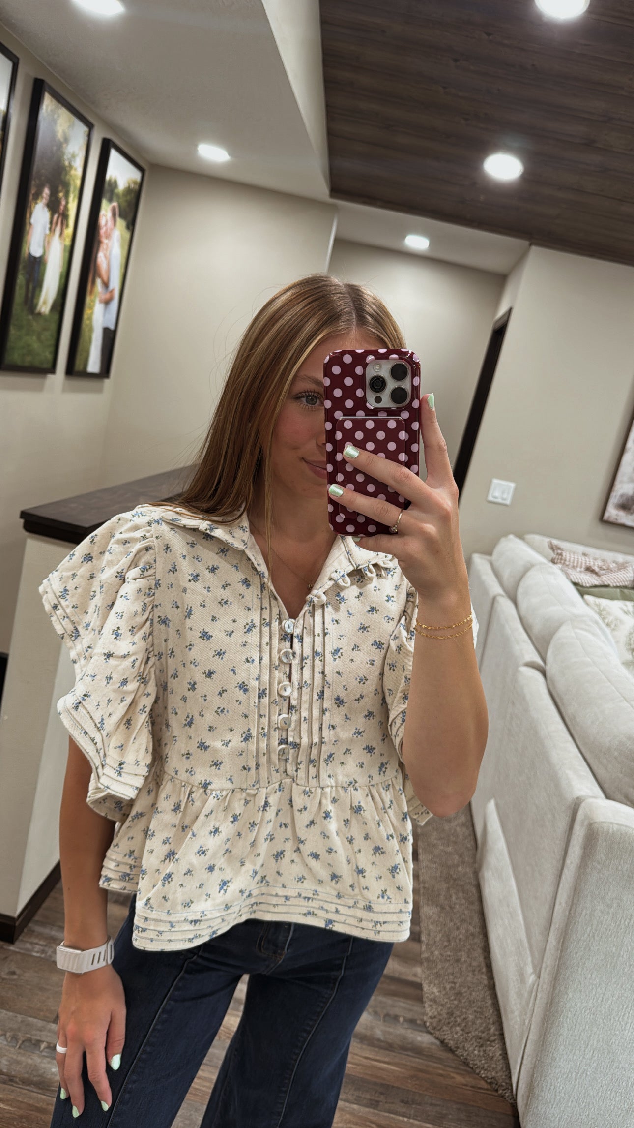 Ruffle Sleeves Pintuck Detail Floral Print