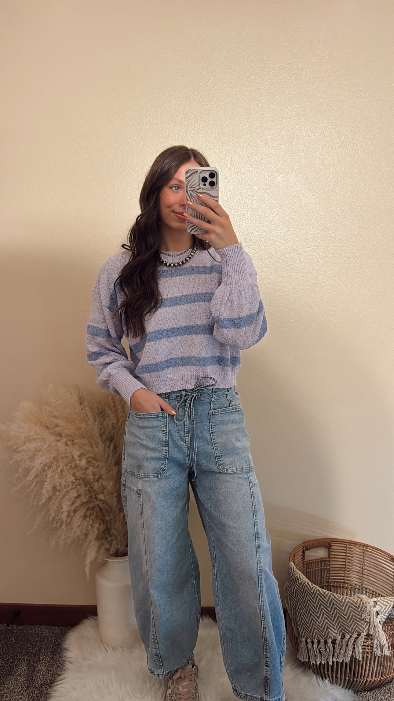 Knit Sweater Striped Crewneck Long Sleeve Top Lilac Periwinkle