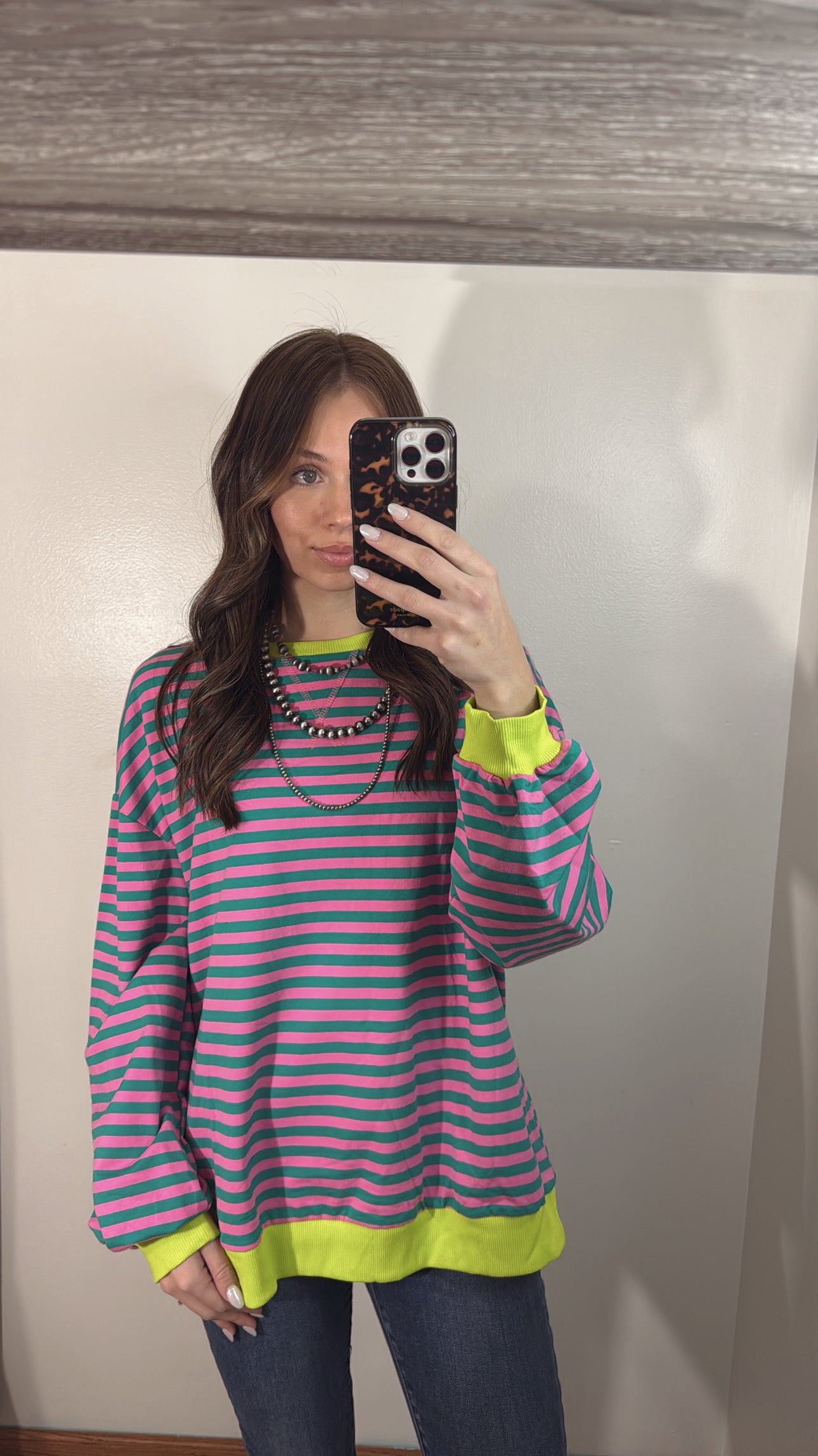 Contrast Trim Sweatshirt - Green/Pink