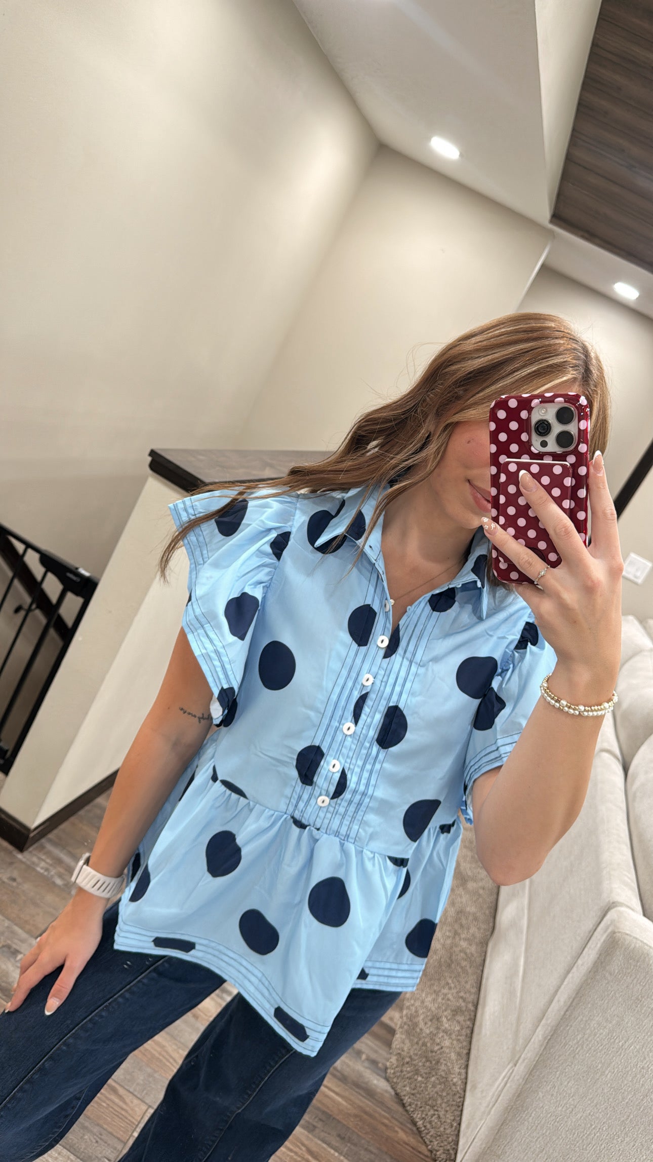 Blue Polka Dot Ruffle Blouse