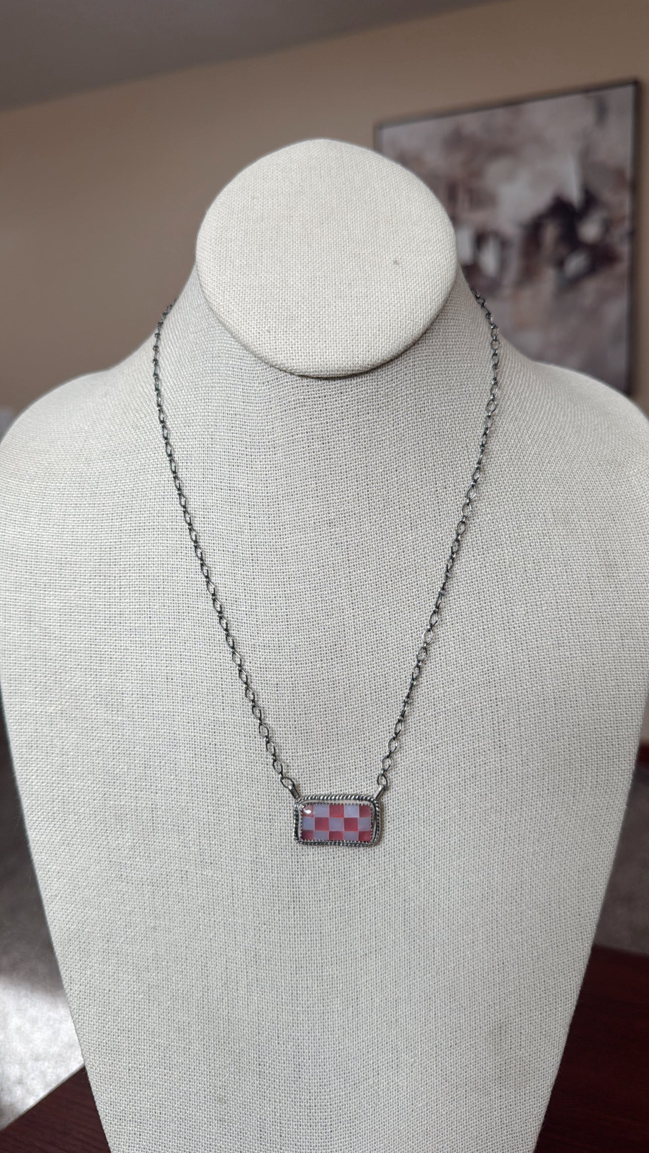 Pink Jade & White Opal Checker Bar Necklace