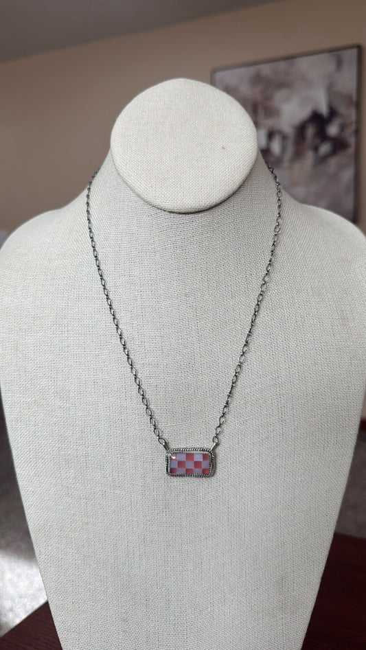 Pink Jade & White Opal Checker Bar Necklace