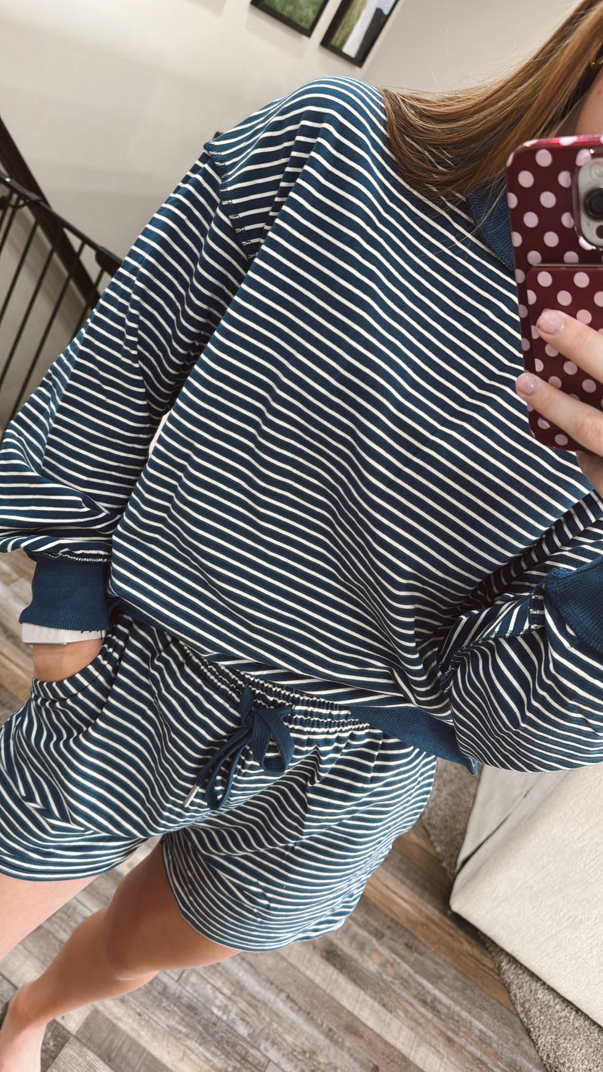 Blue Striped Mock Neck Shorts Set
