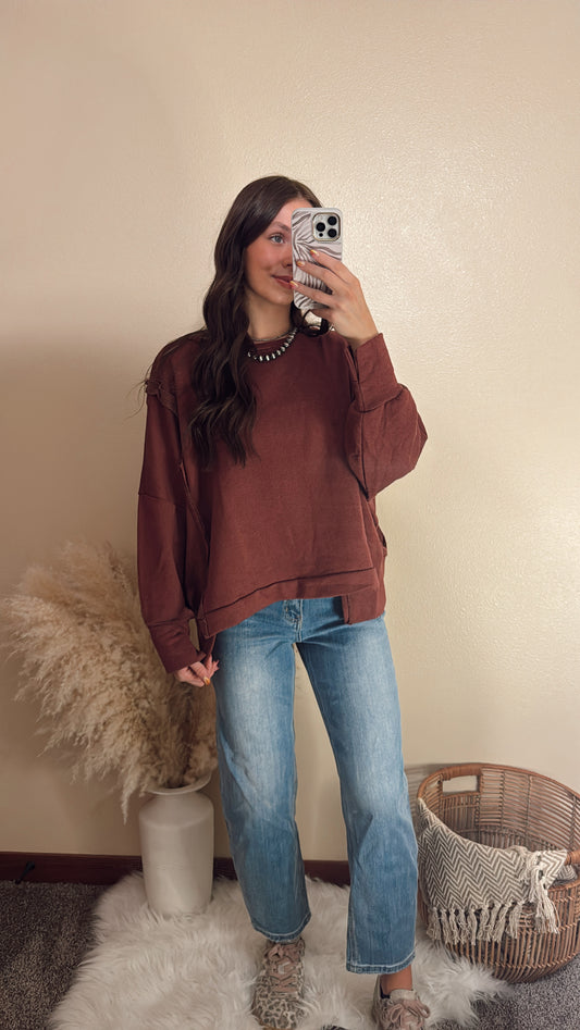 Raw Edge Detail Hi-Low Hem Solid Terry Top