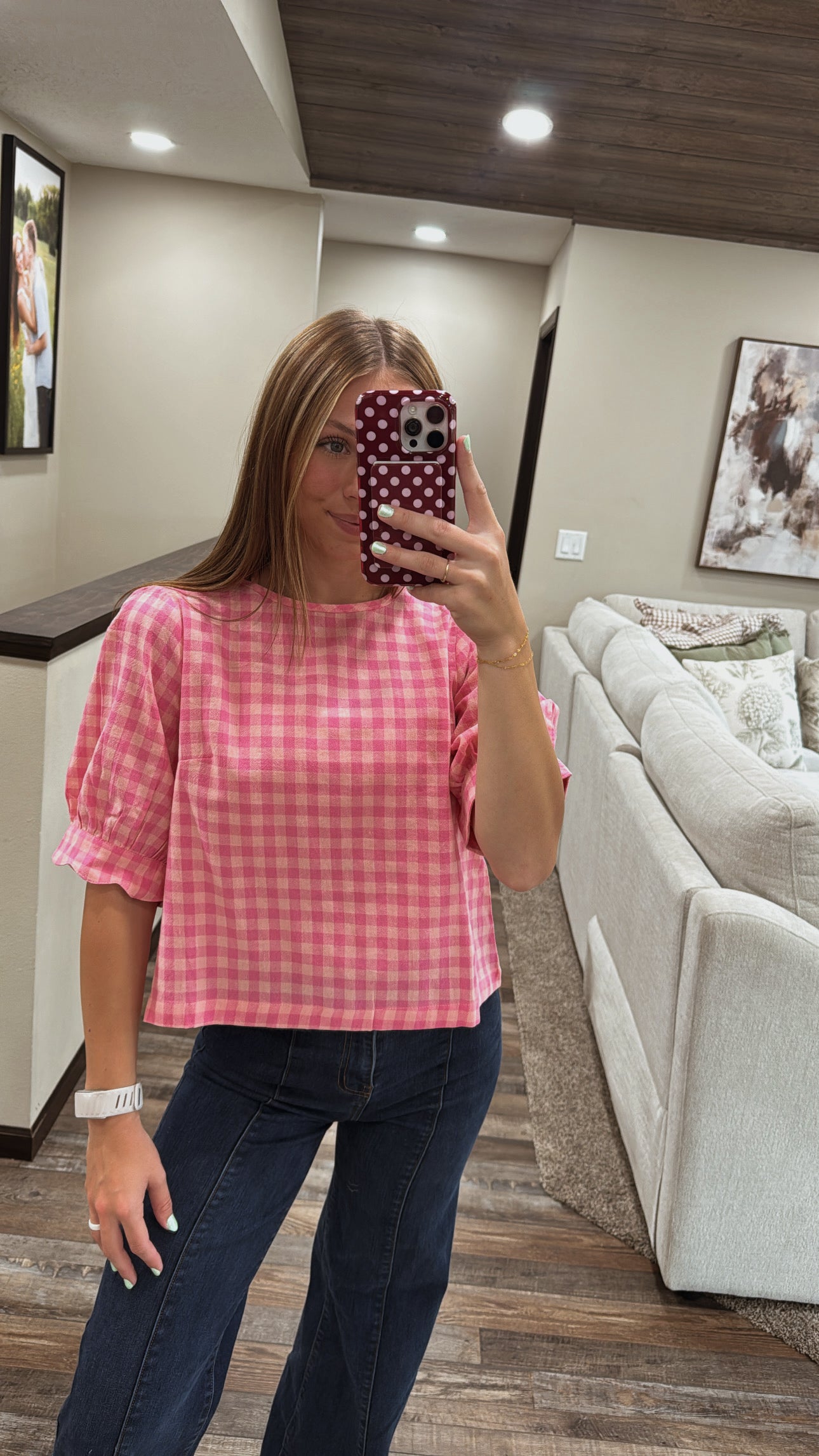 Gingham Check Scalloped Puff Sleeve Blouse