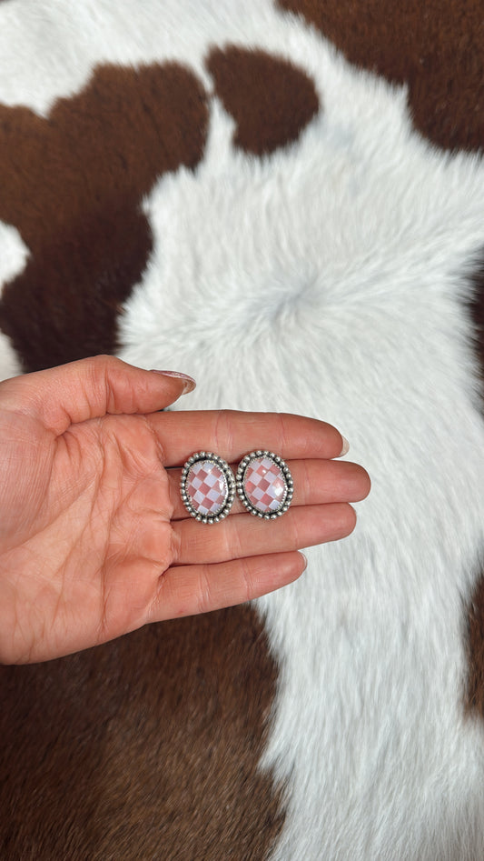 Pink Jade & White Opal Checker Stud Earrings