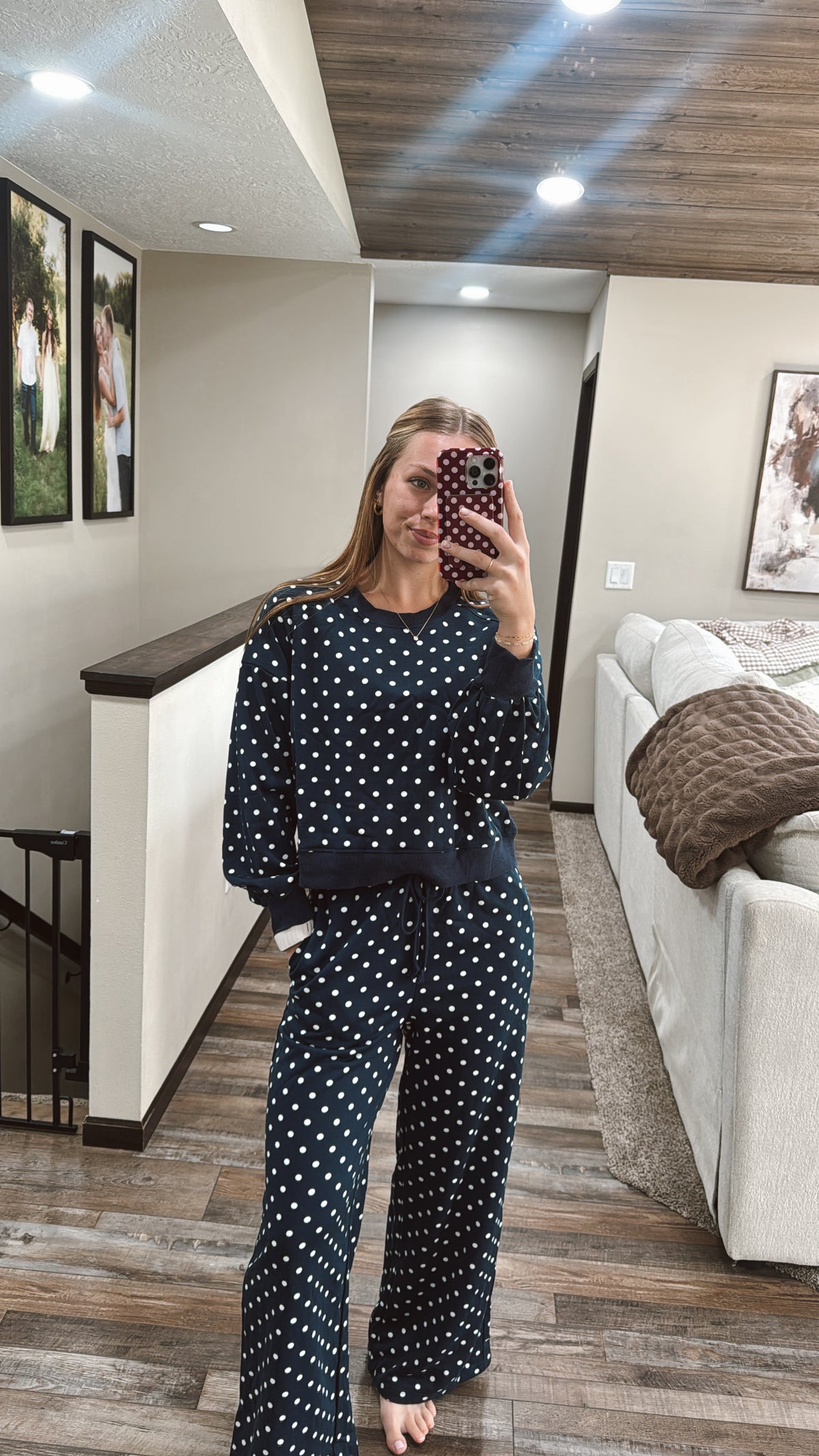 Blue Polka Dot Drawstring Pants Set