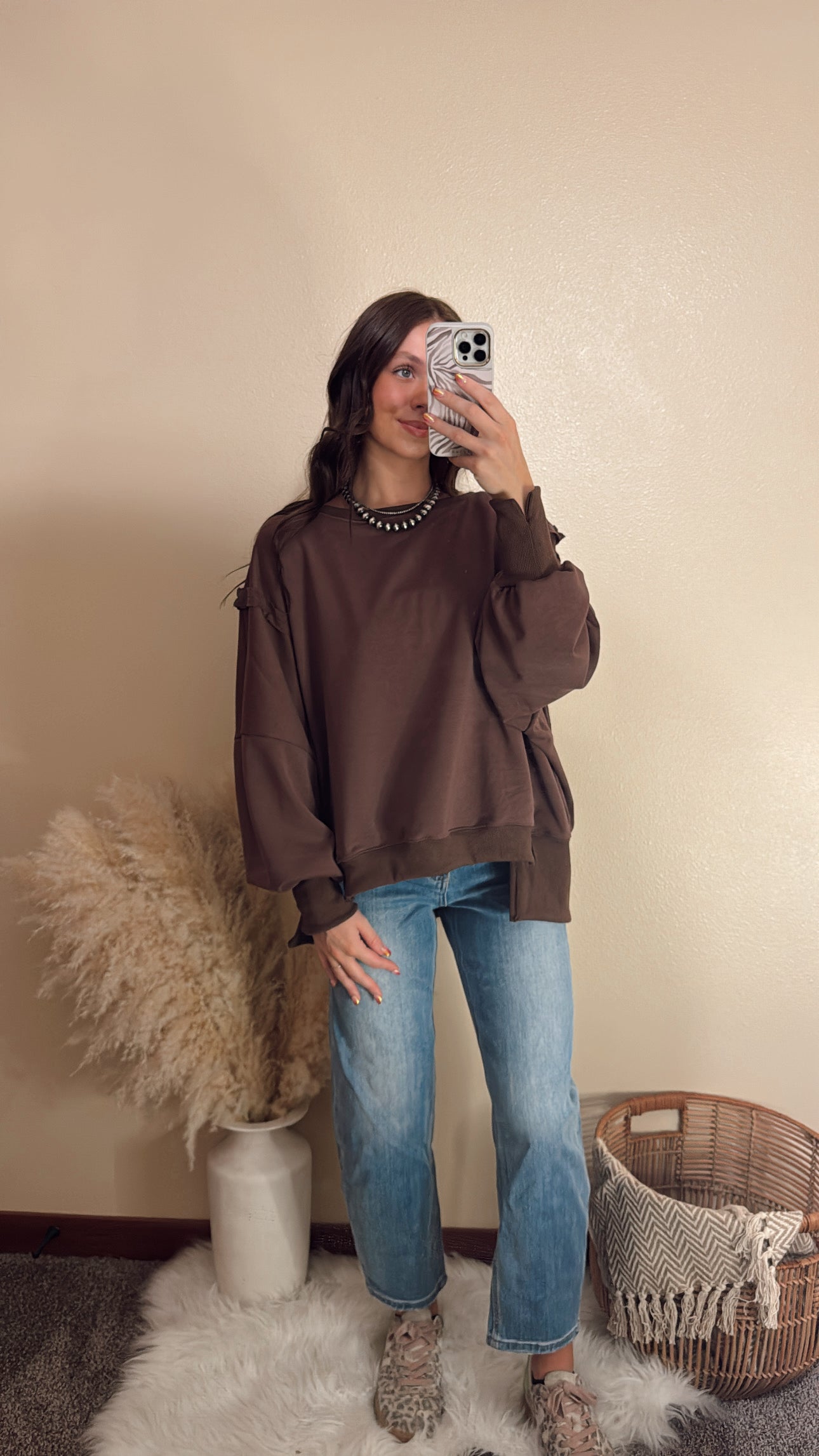 Brown Round Neck Split Crewneck