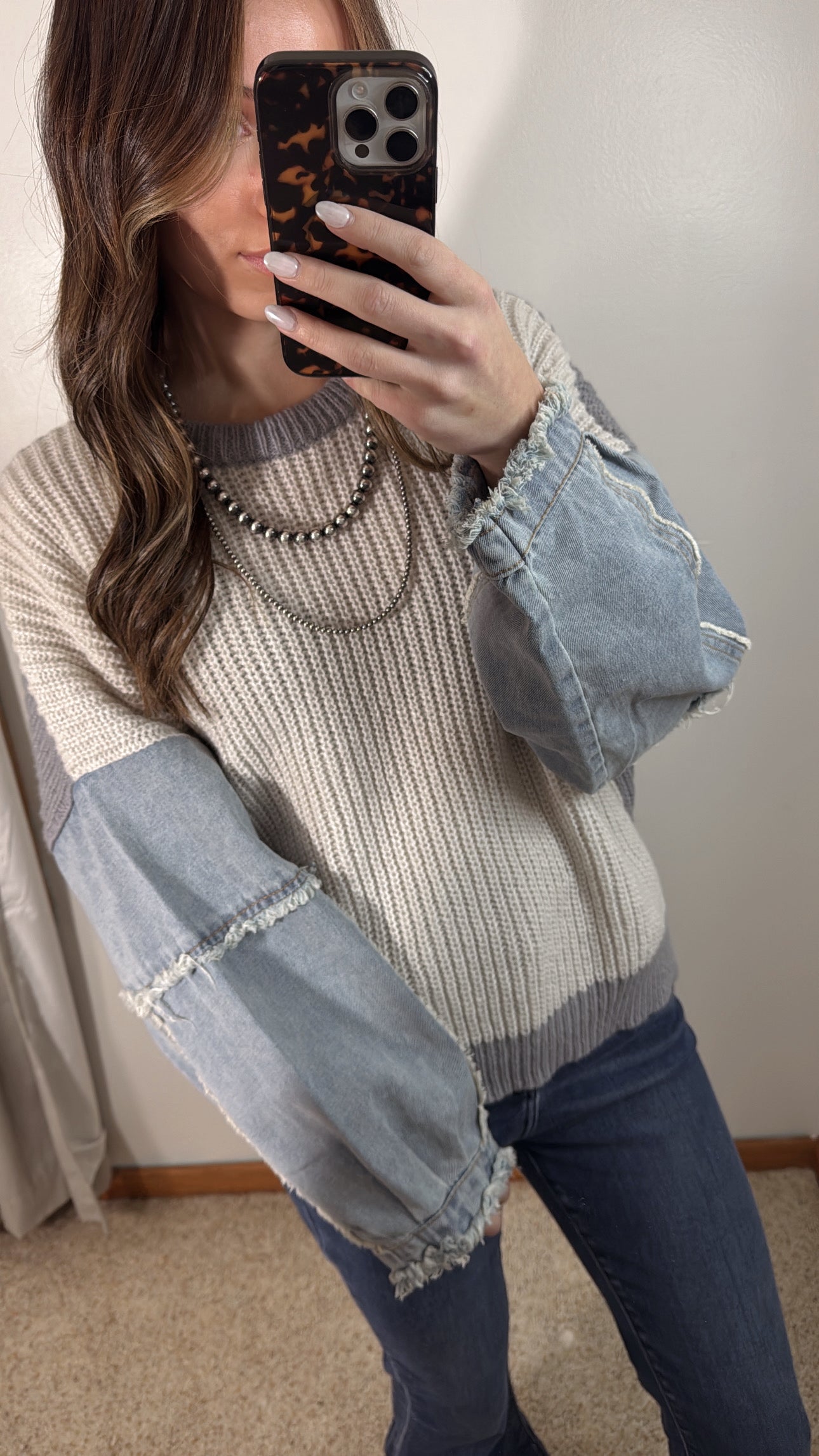 Denim Two Tone Sweater - Grey