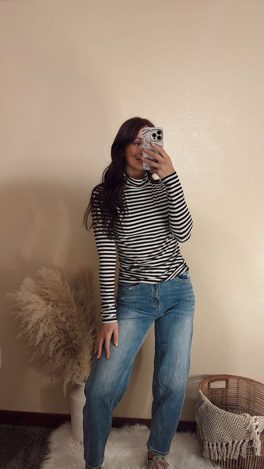 Striped Turtleneck Fitted Long Sleeve Top