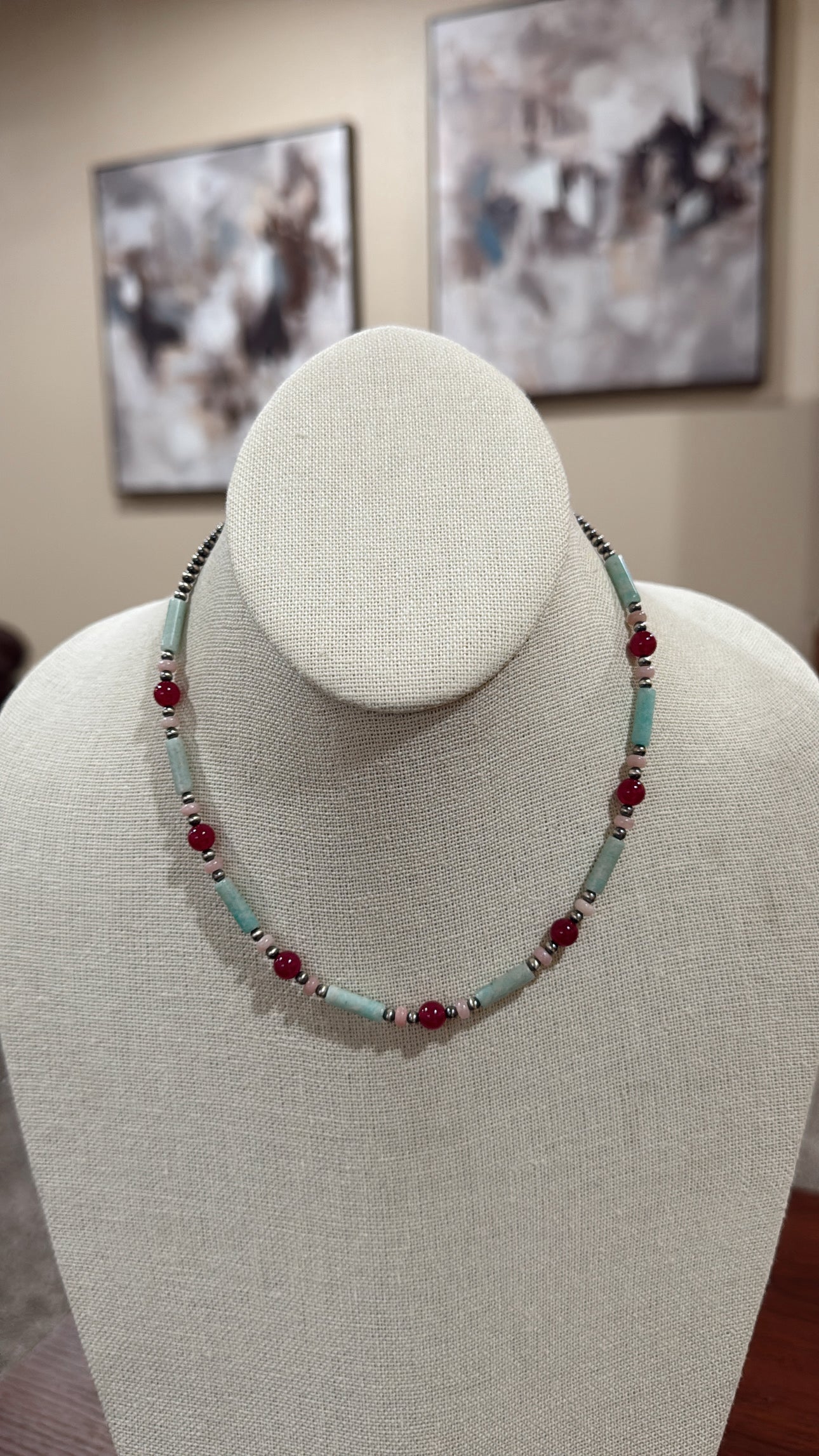 15" Pink Opal, Ruby & Peruvian Amazonite