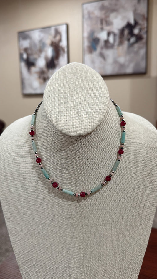 15" Pink Opal, Ruby & Peruvian Amazonite