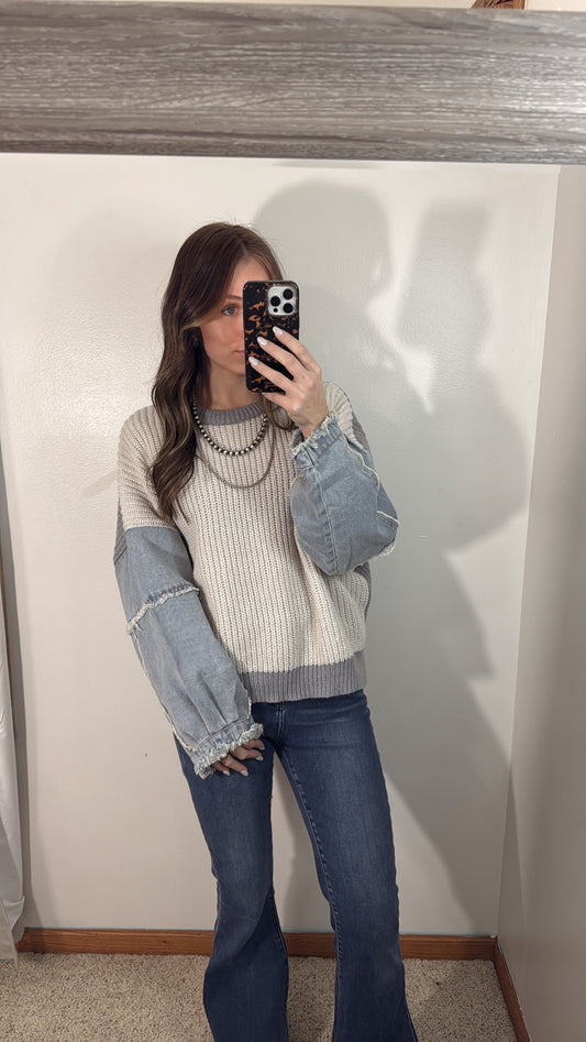 Denim Two Tone Sweater - Grey