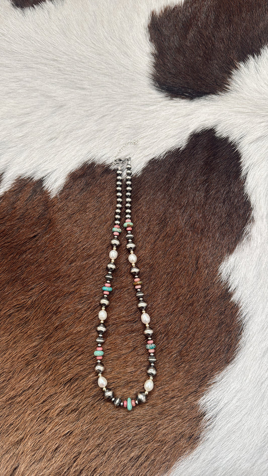 16" Turquoise/Pink Opal/Freshwater Pearls/Gold