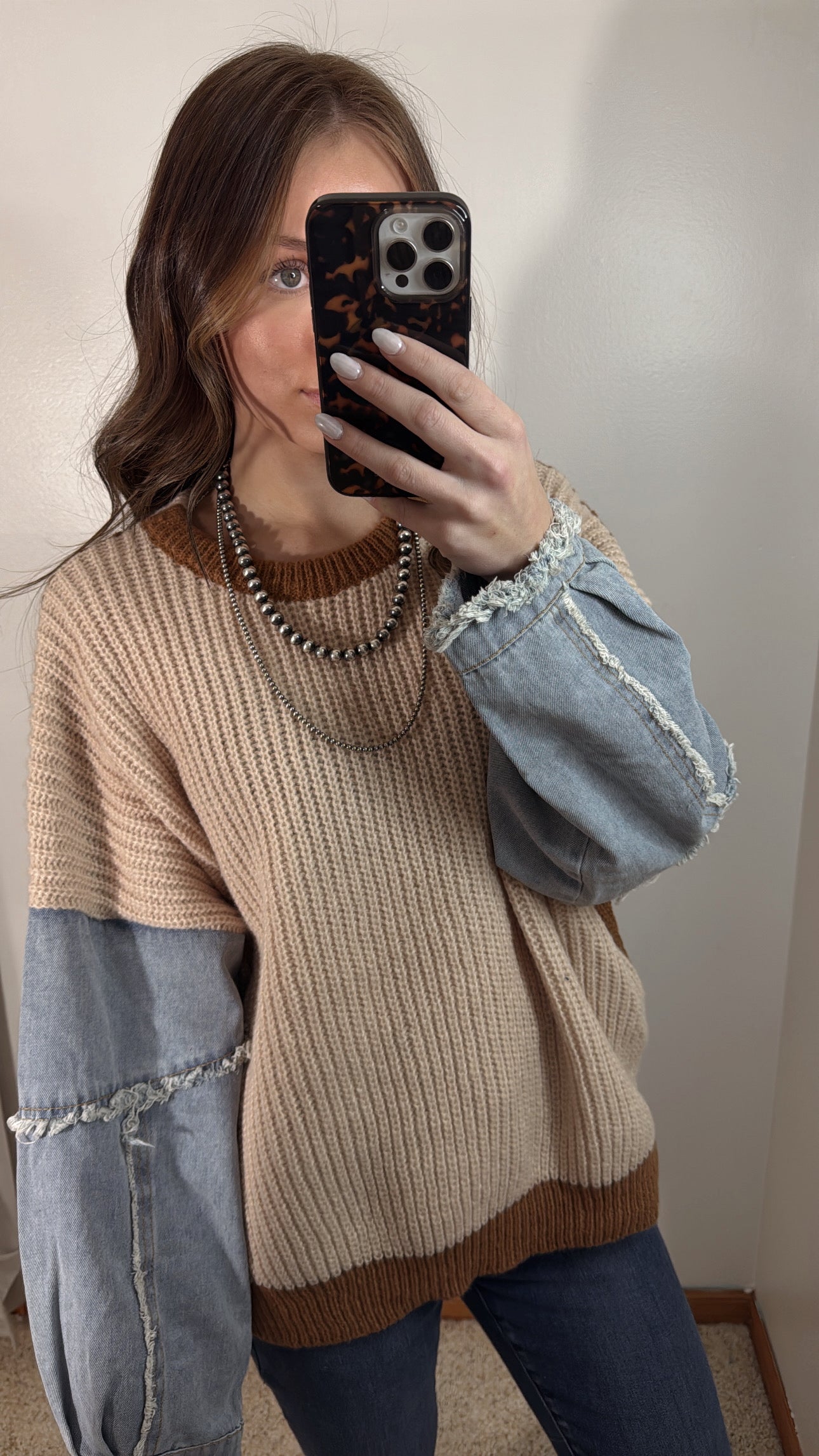 Denim Two Tone Sweater - Taupe