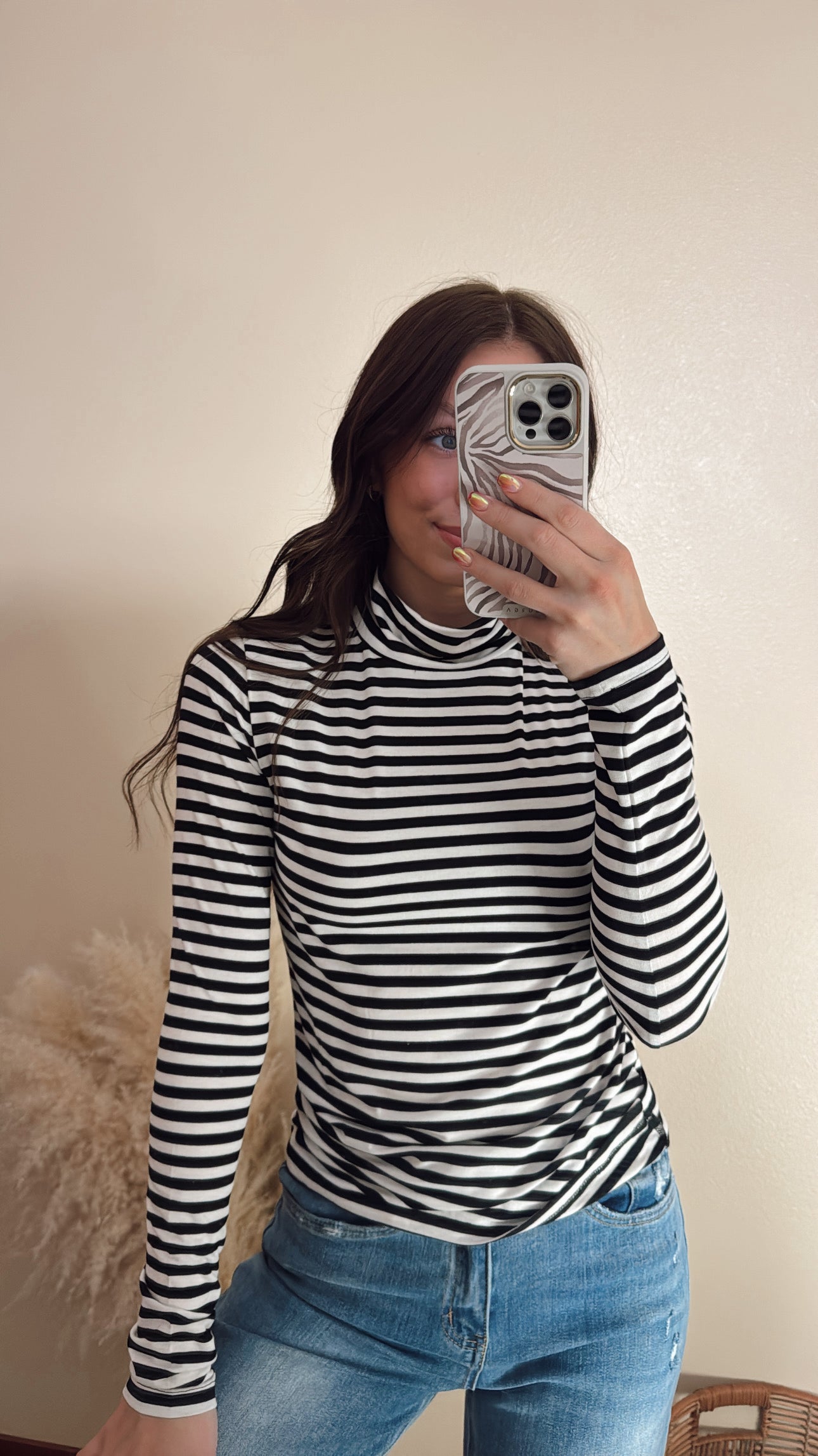 Striped Turtleneck Fitted Long Sleeve Top