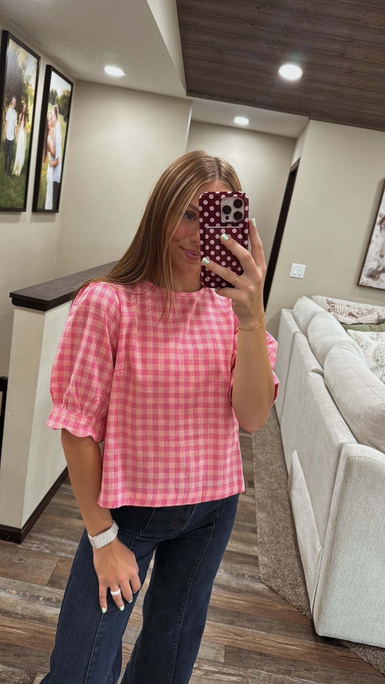 Gingham Check Scalloped Puff Sleeve Blouse