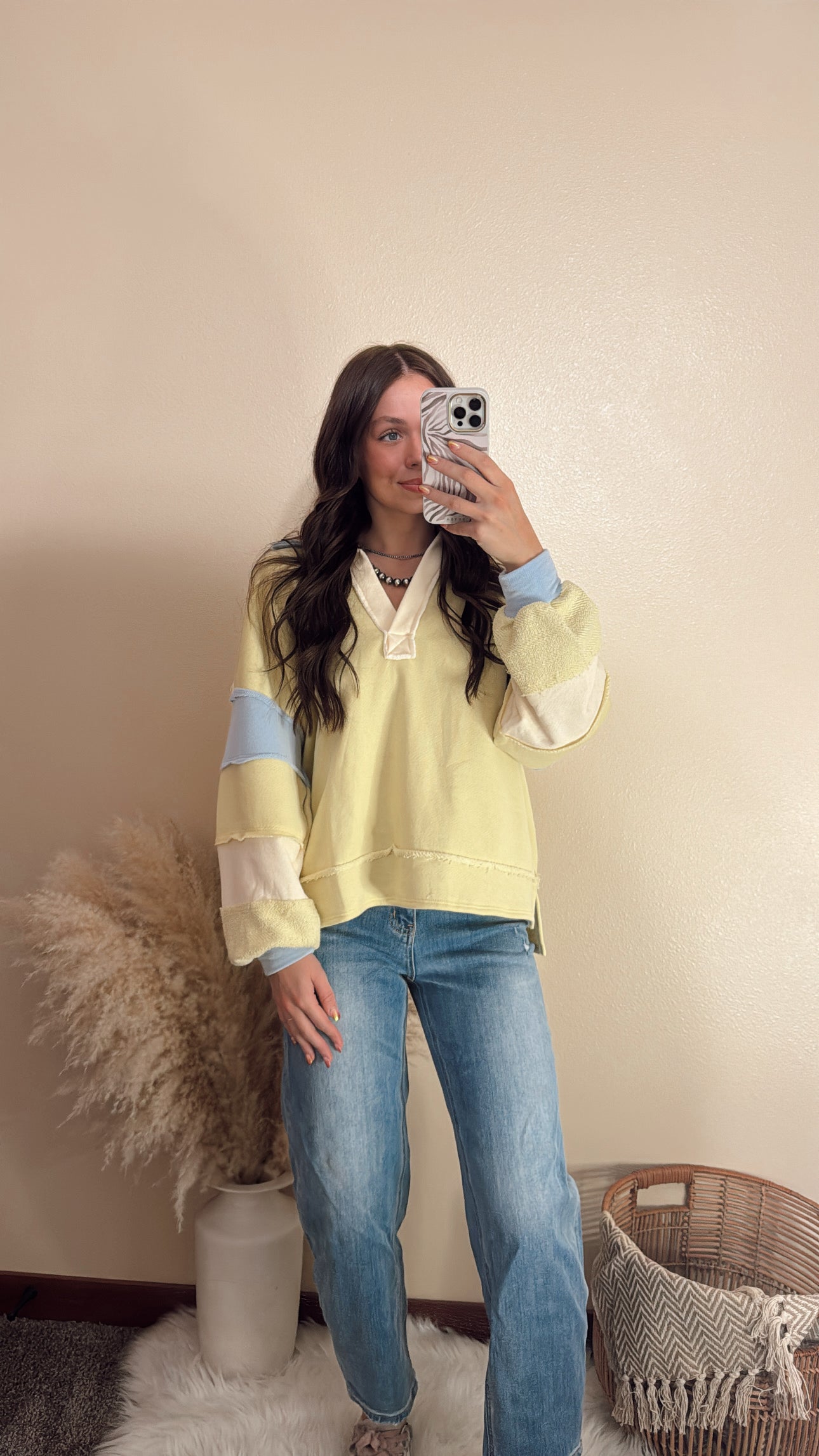 French Terry Color-Block Collared Loose Fit Top