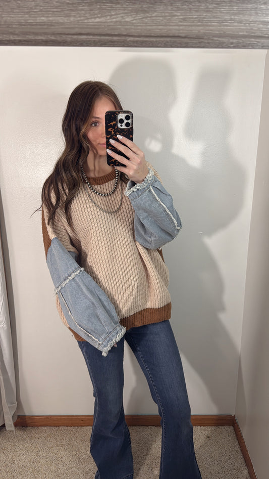 Denim Two Tone Sweater - Taupe