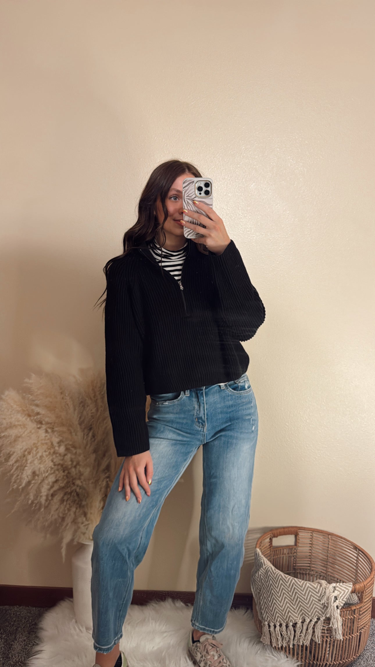 Striped Turtleneck Fitted Long Sleeve Top