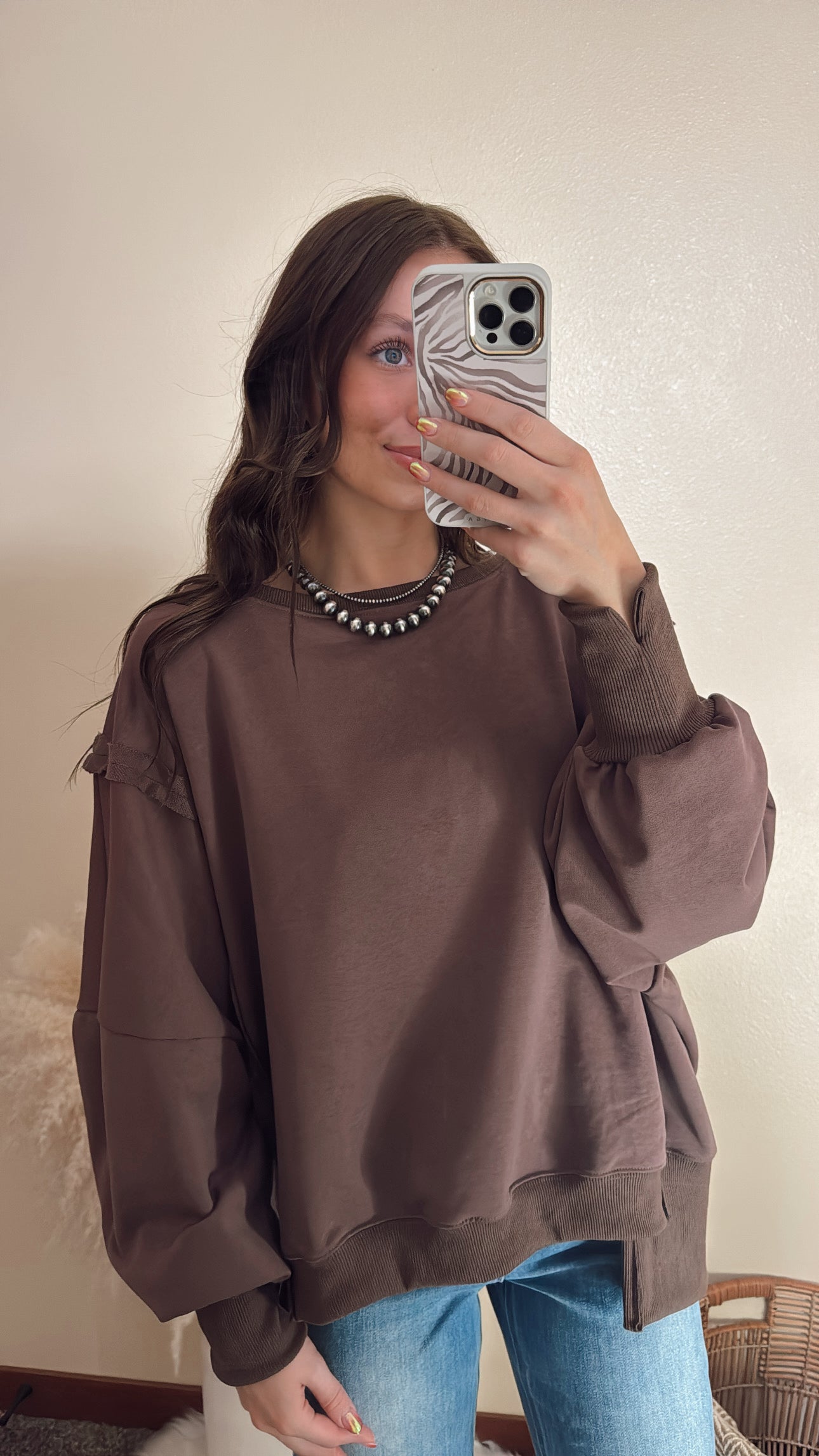 Brown Round Neck Split Crewneck
