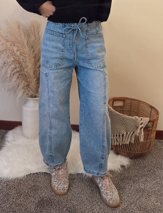 Large Patch Pocket Drawstring Waist Jeans
