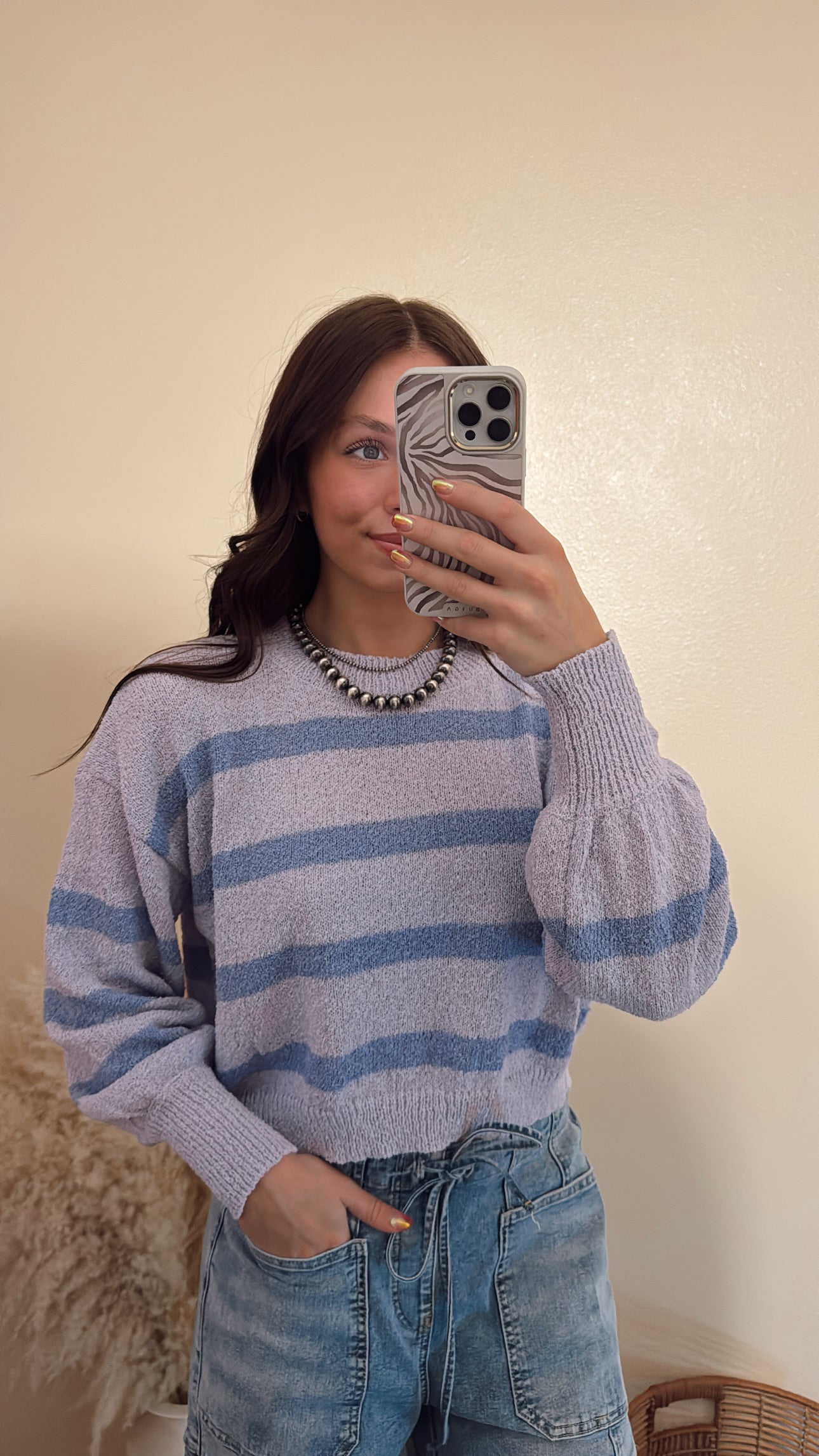 Knit Sweater Striped Crewneck Long Sleeve Top Lilac Periwinkle