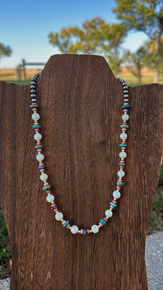 16" Turquoise/Pink Opal/Freshwater Pearls