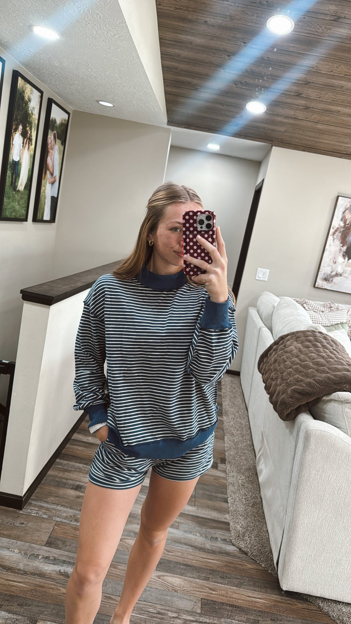 Blue Striped Mock Neck Shorts Set