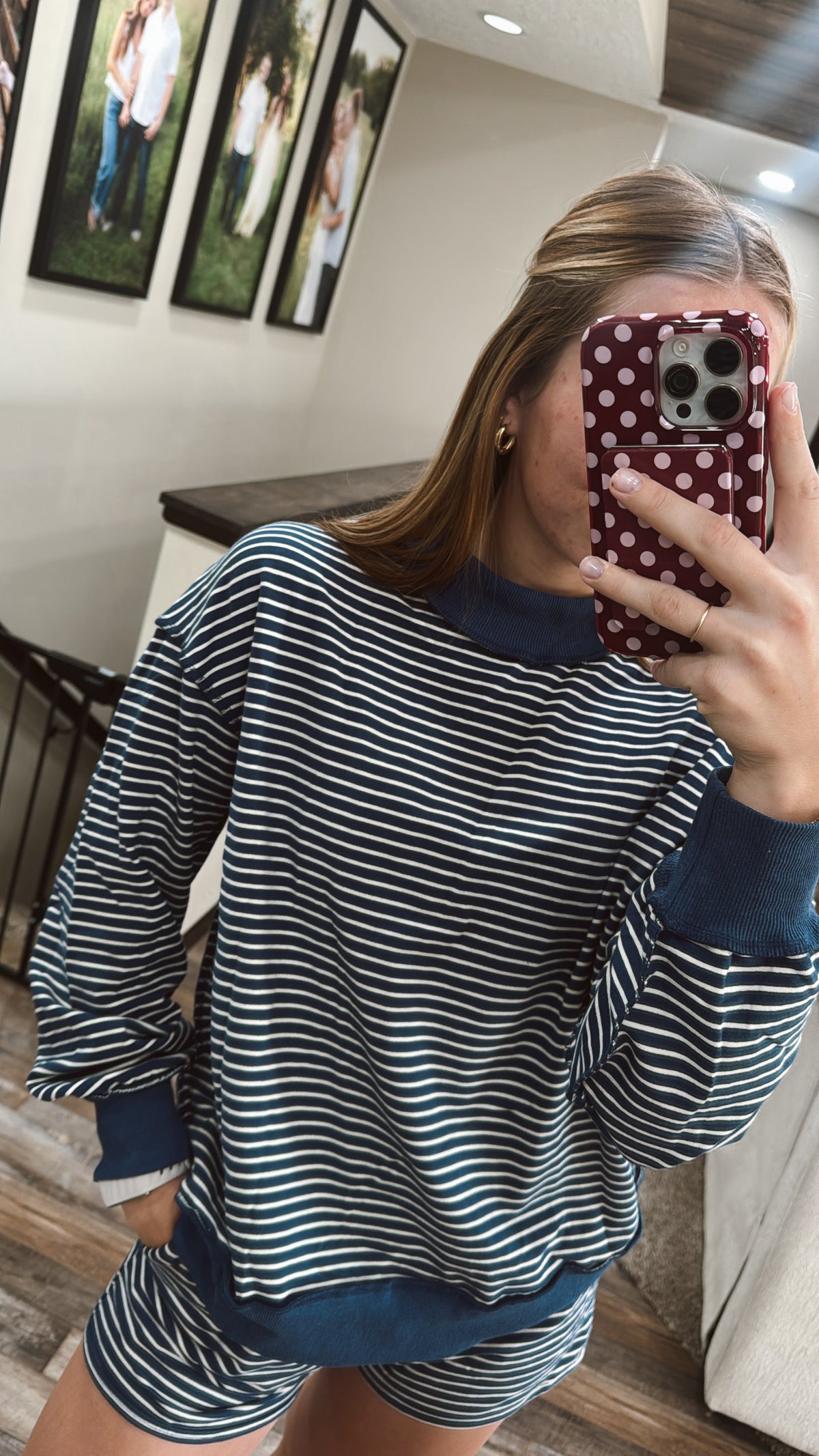 Blue Striped Mock Neck Shorts Set