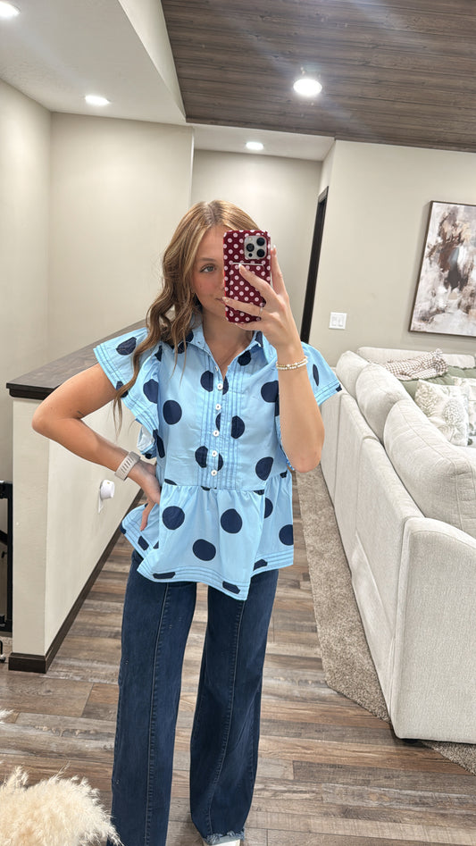 Blue Polka Dot Ruffle Blouse