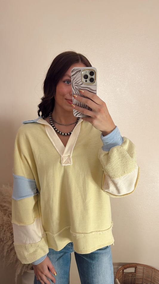 French Terry Color-Block Collared Loose Fit Top