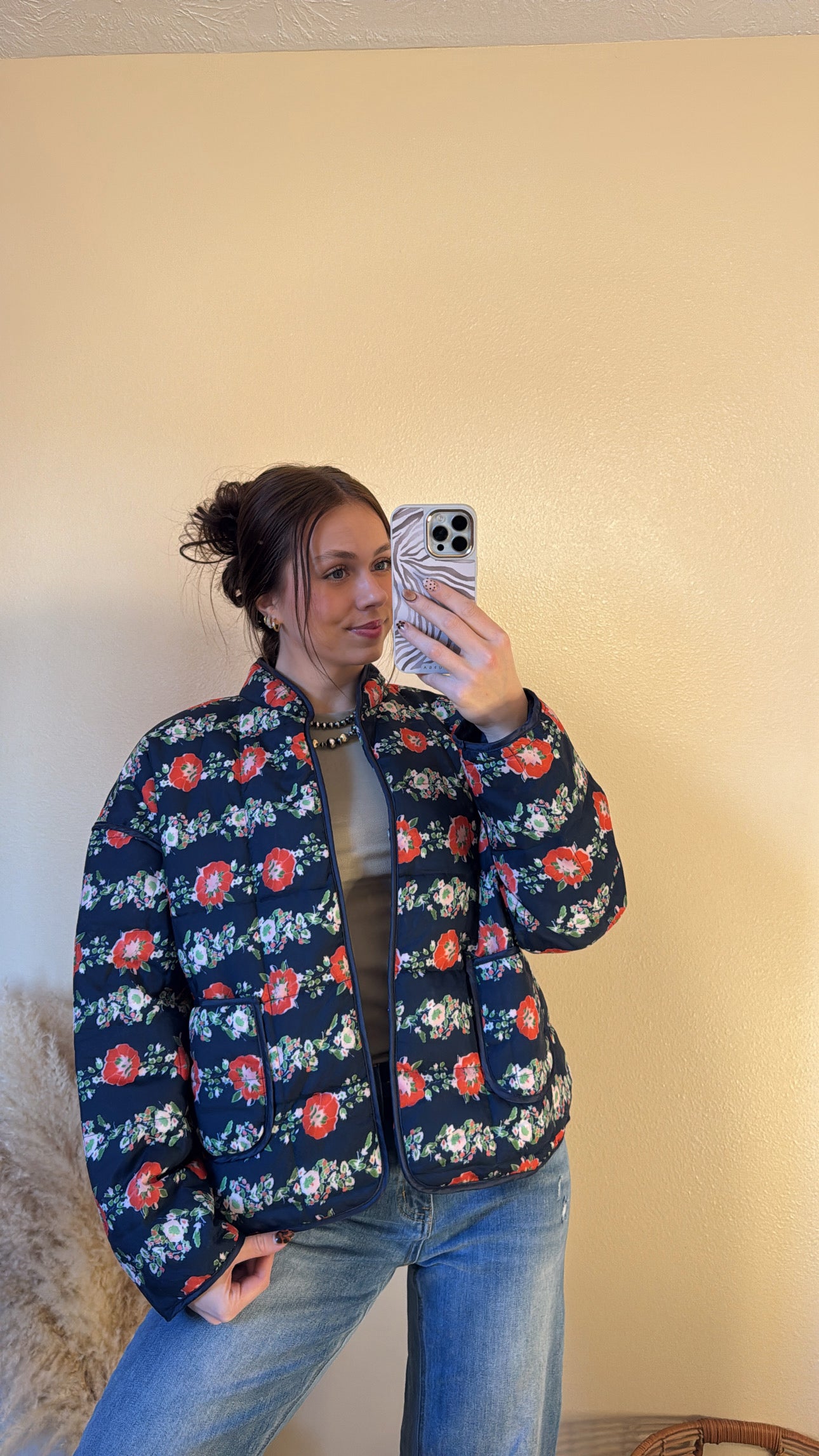 Navy Floral Quilted Jacket