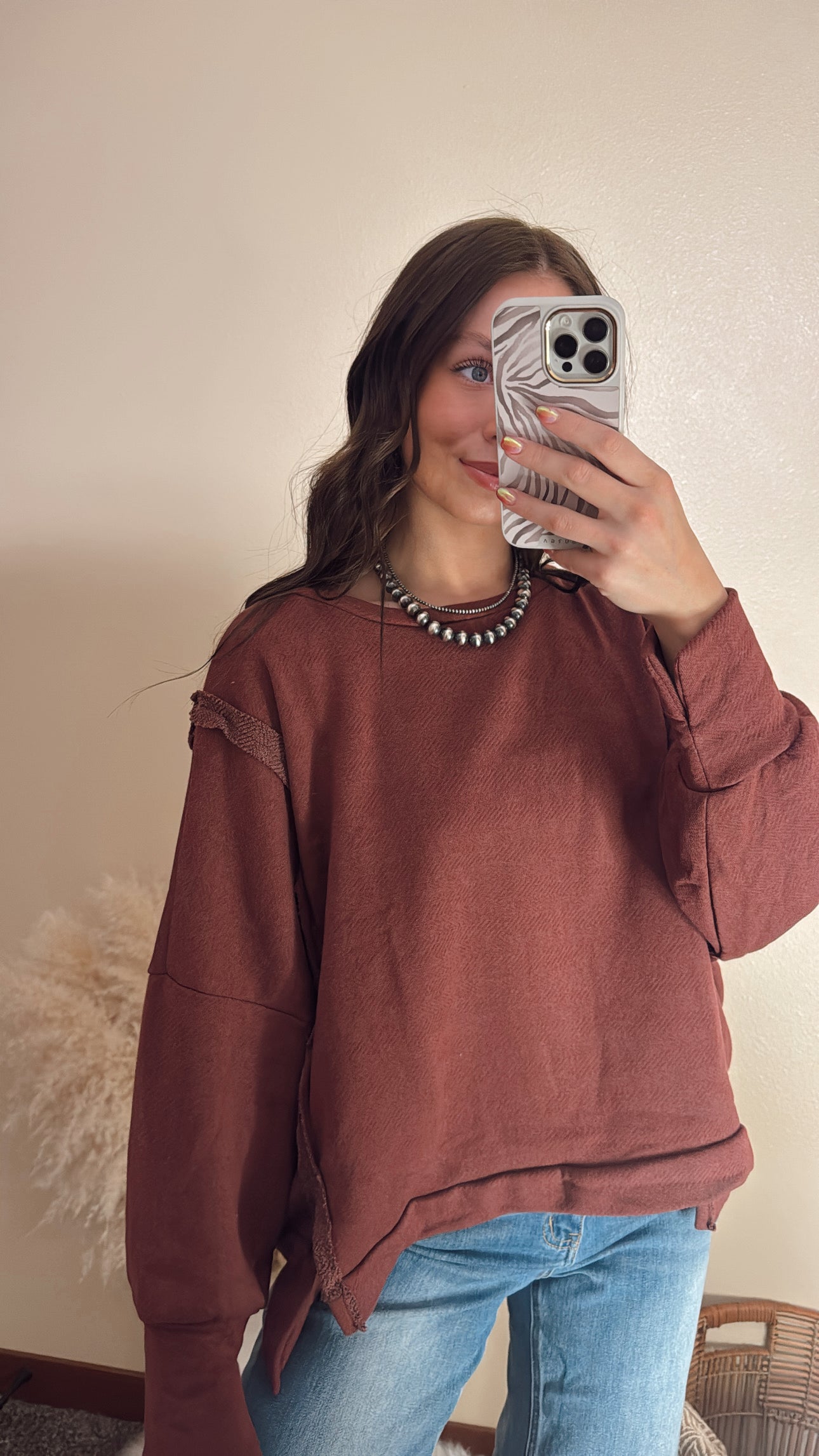 Raw Edge Detail Hi-Low Hem Solid Terry Top