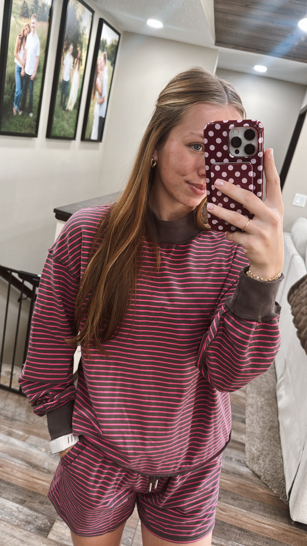 Brown & Pink Striped Mock Neck Set